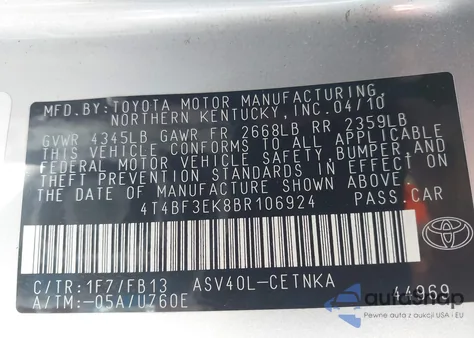 2011 Toyota Camry Le из США, поврежденный, VIN 4T4BF3EK8BR106924